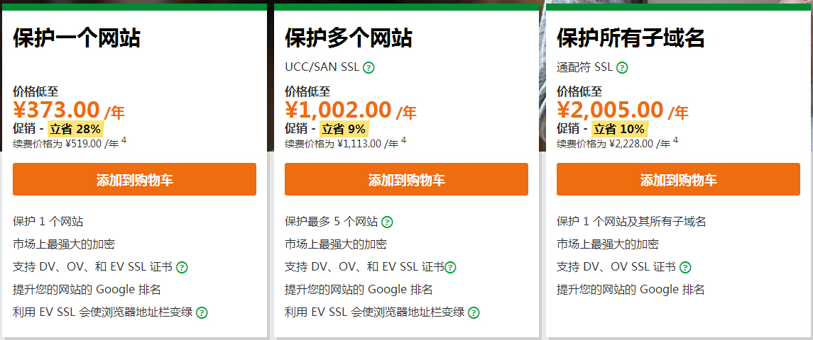 GoDaddy SSL证书产品分类