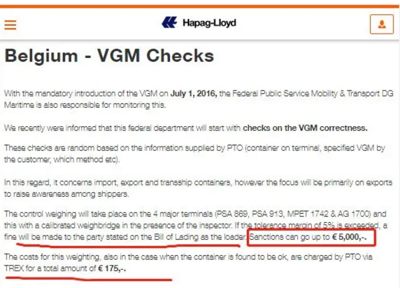 集装箱VGM要求是什么?最高罚款5000欧!比利时、孟加拉国开始实施!