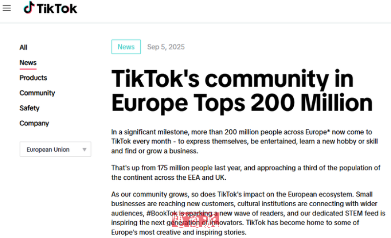 TikTok欧洲月活用户破2亿 覆盖约1/3人口