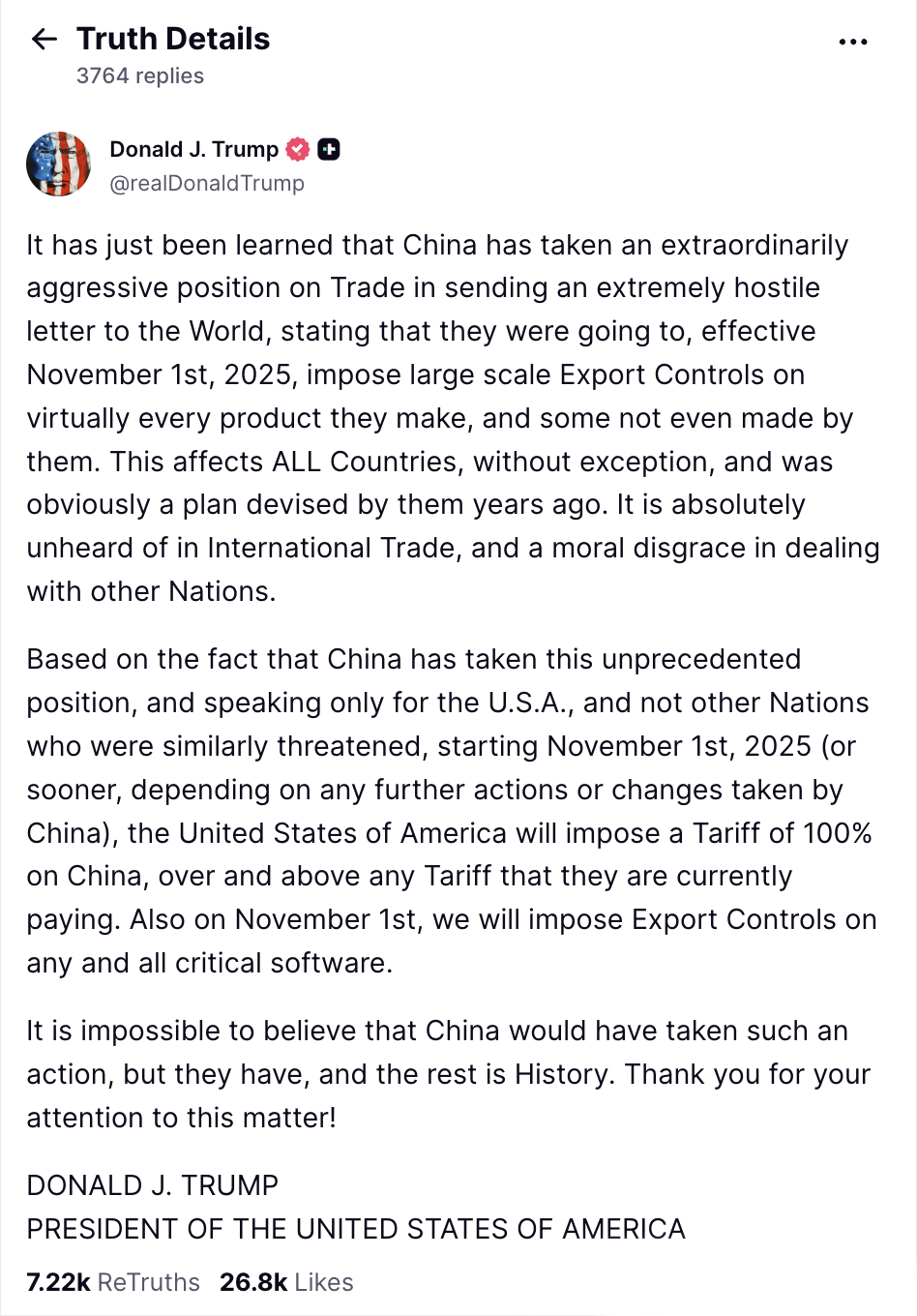 突发！特朗普宣称11月1日起，对华加征100%关税，覆盖所有商品！